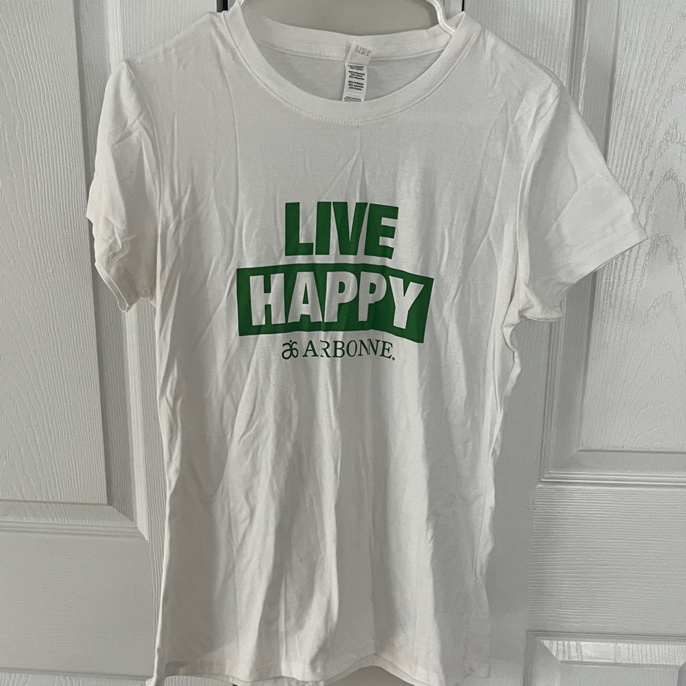 Arbonne White Tee with Green 'Live Happy' Design